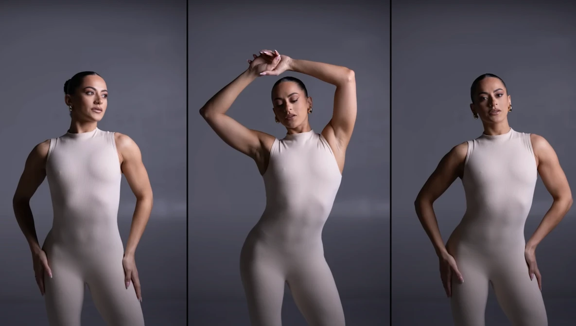 Three-panel portrait series of a figure in a white sleeveless bodysuit against a neutral gray background.