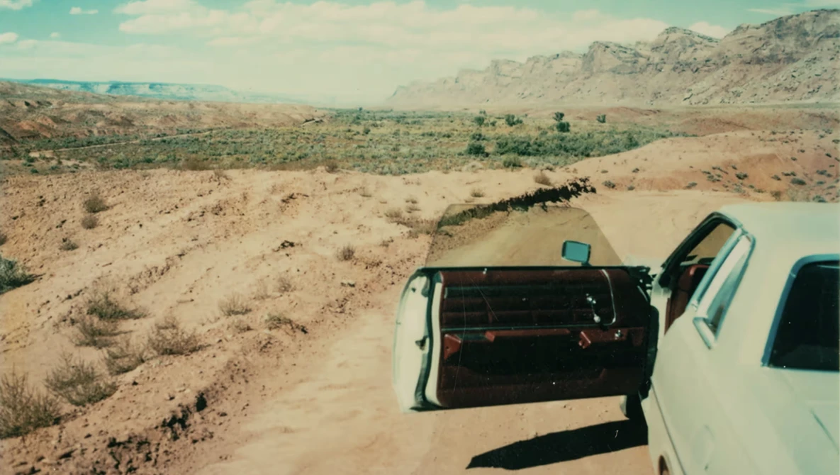 White vehicle with open door parked on desert road overlooking vast arid landscape with scattered vegetation.