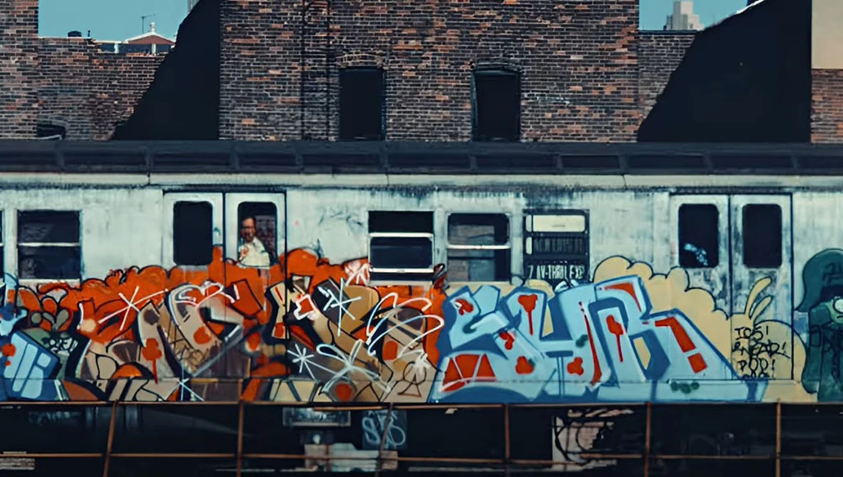 Vibrant graffiti mural on a train with orange, red, and blue lettering against weathered building backdrop.