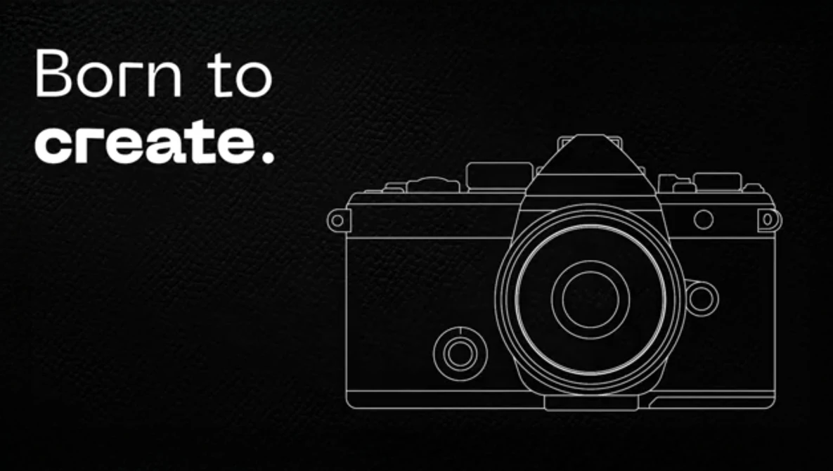 Line illustration of a professional film camera with the text "Born to create."