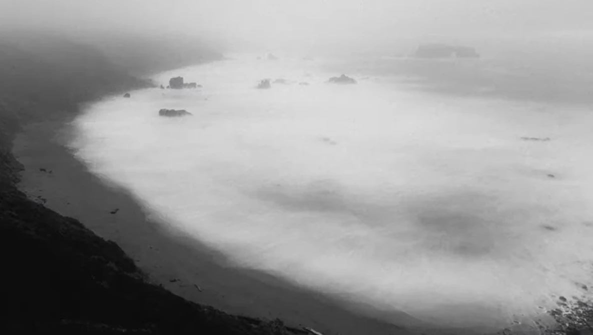 Aerial view of a coastline shrouded in dense fog, with dark forested slopes and scattered buildings barely visible through white mist.