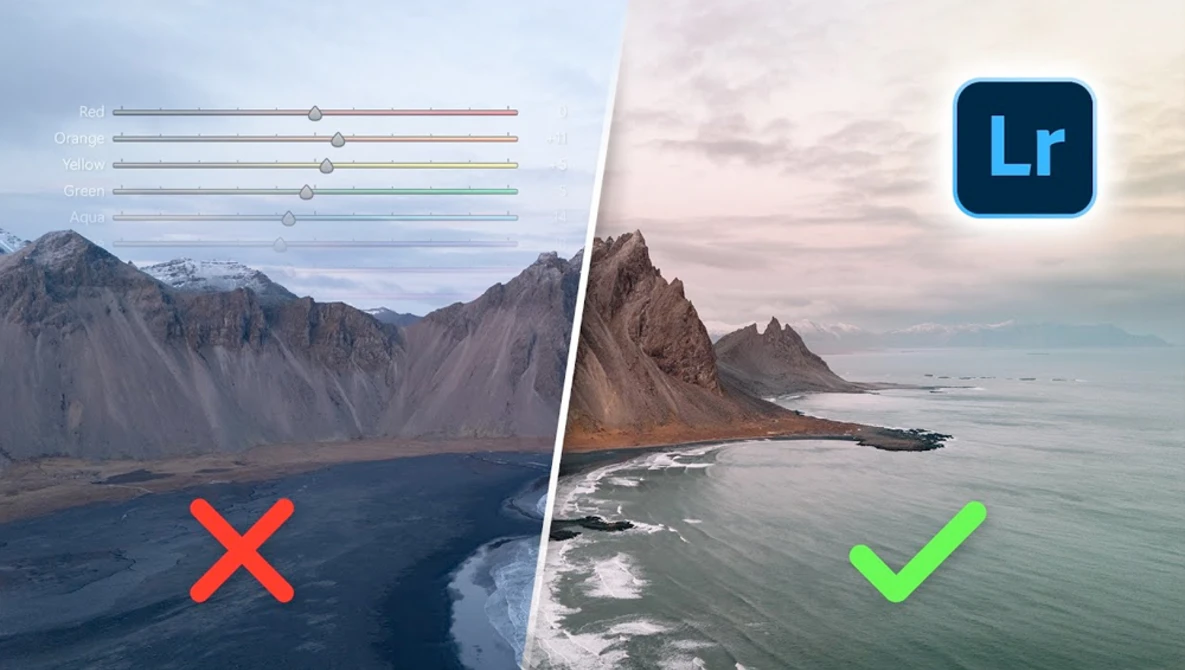 Screenshot of Lightroom adjustment comparison showing before and after coastal landscape edits.