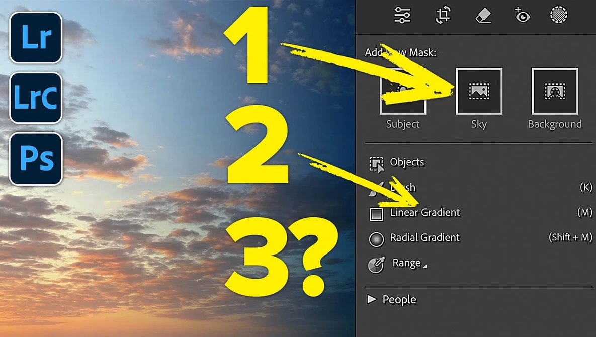 Screenshot of Lightroom and Photoshop mask adjustment panels with a sunset sky image.