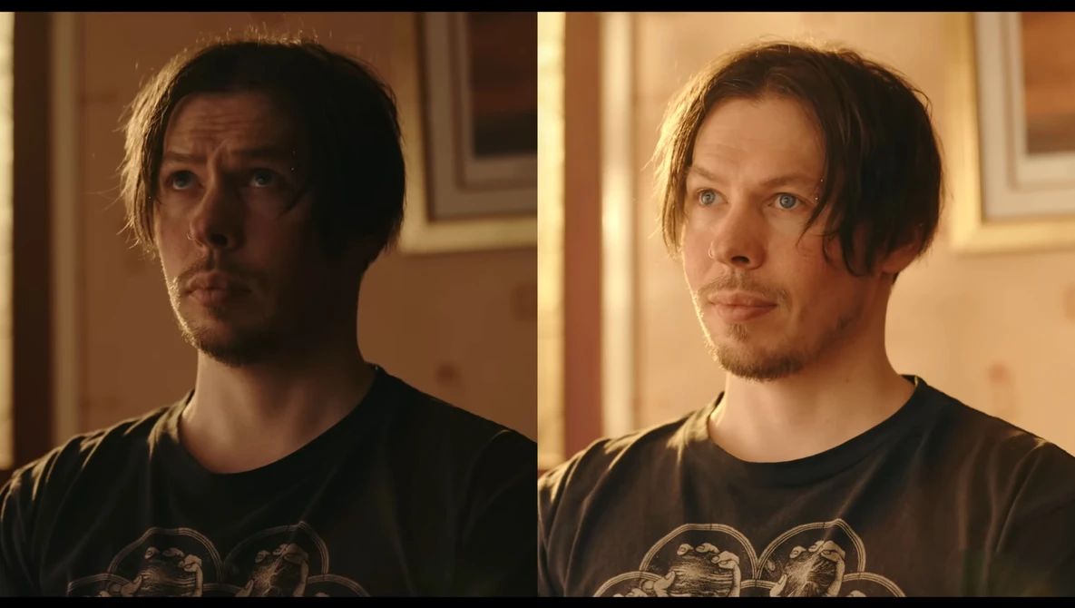 Side-by-side comparison of the same man in identical black graphic t-shirt against warm interior lighting.