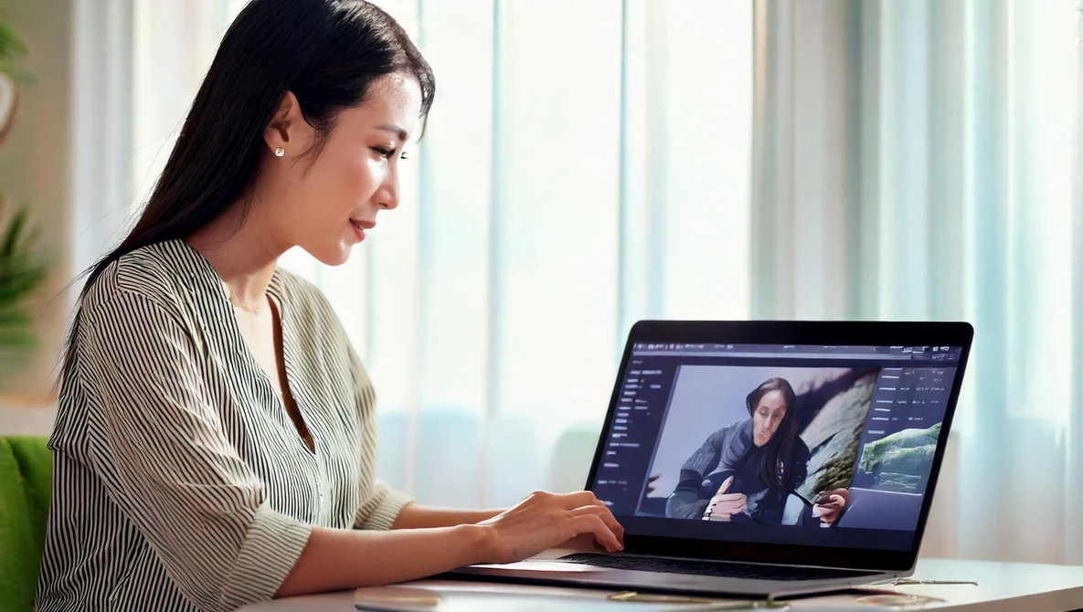 Woman reviewing photo editing software on laptop screen in bright office environment.