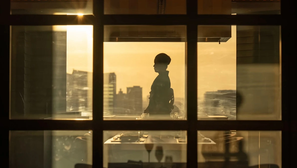 Silhouetted figure standing at a high-rise window overlooking a cityscape at golden hour.