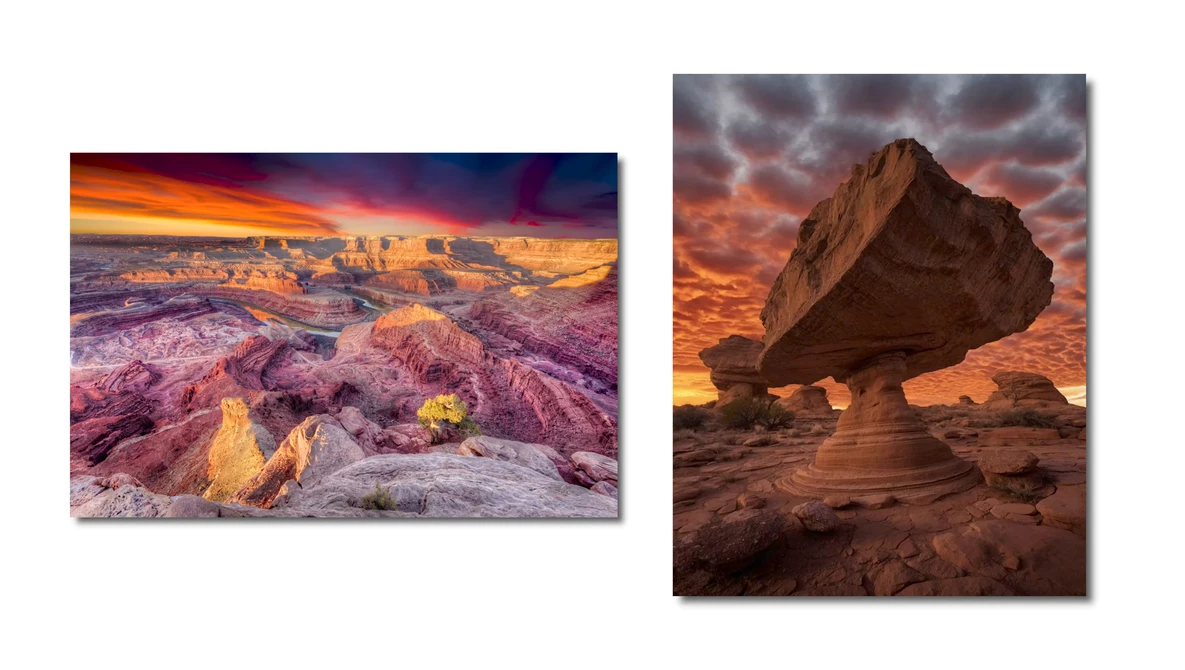 Dramatic desert landscape with golden and purple sunset light illuminating layered rock formations and badlands terrain.