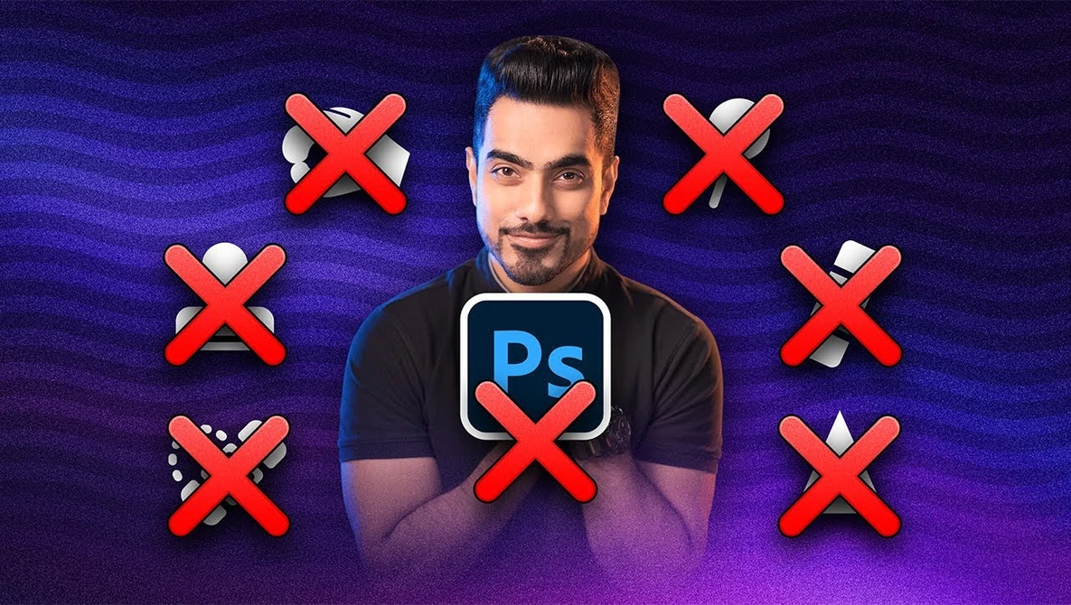 Illustration of a person wearing a Photoshop logo badge surrounded by red X marks on a purple gradient background.