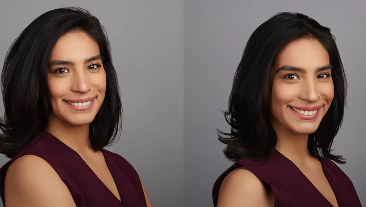 Professional headshot comparison showing two angled poses of the same woman in maroon top against neutral gray background.