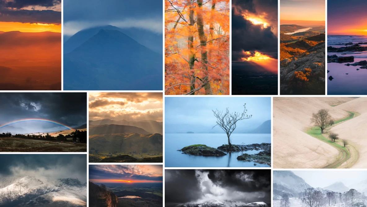 Collage of 16 landscape and nature photographs featuring sunsets, mountains, water, and seasonal scenes.