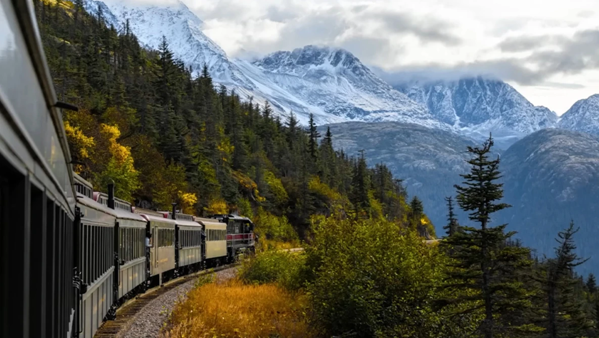 Passenger train curving through forested mountain landscape with snow-capped peaks in background.