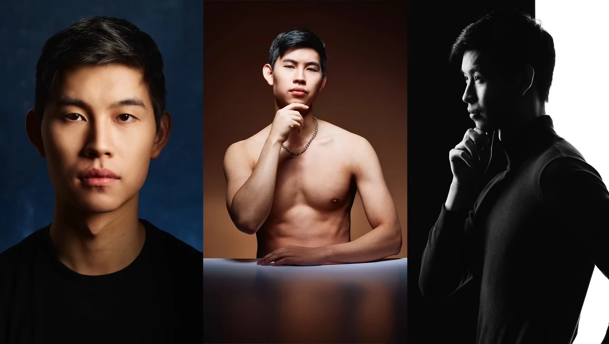 Three portrait photographs of an Asian male model showcasing different lighting and styling approaches.