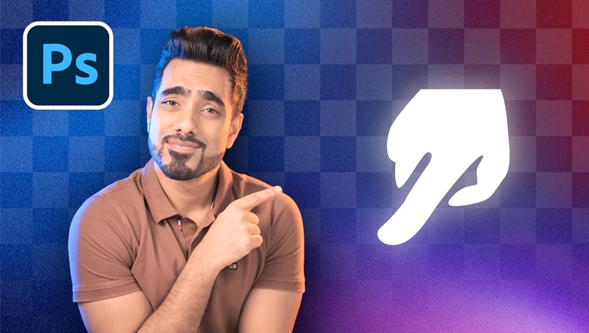 Man in brown polo shirt pointing at large white hand cursor icon against blue-to-purple gradient background.