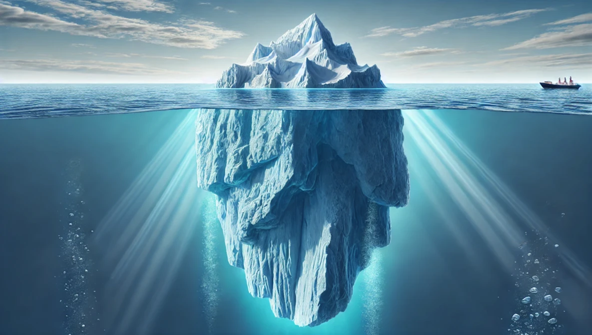 Illustration of an iceberg with its submerged portion visible beneath the ocean surface, lit by underwater rays.