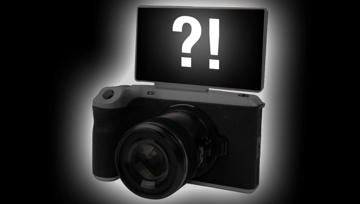 Illustration of a digital camera with a flip-up screen displaying question and exclamation marks.