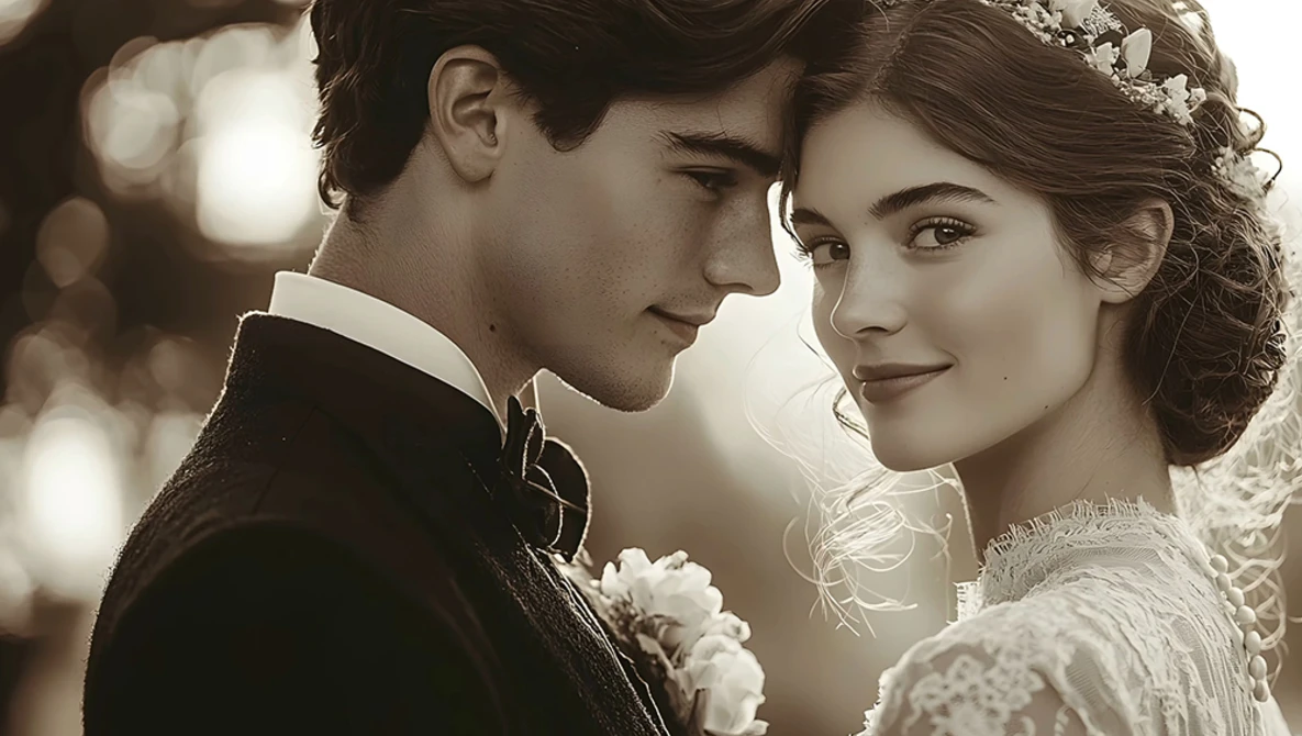 Bride and groom in close profile, exchanging an intimate glance during their wedding ceremony.