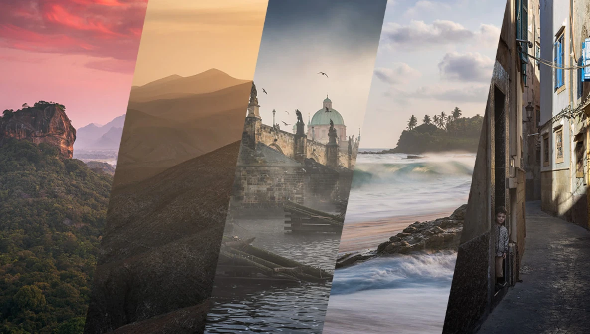 Composite of four landscape photographs showing mountains, castle architecture, and coastal scenes with varied lighting.