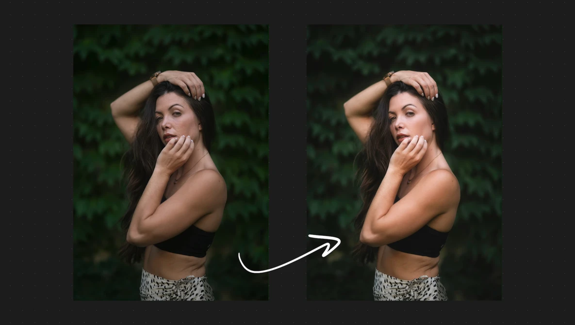 Before-and-after comparison showing portrait retouching adjustments on a woman posing against green foliage.