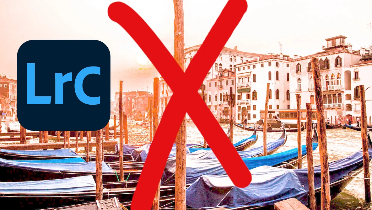 Adobe Lightroom Classic logo with red X overlay on Venice canal scene with gondolas.