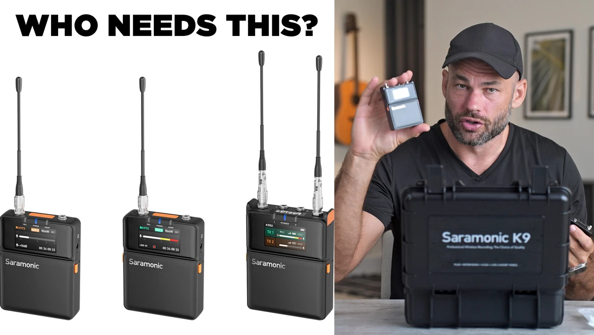 Three wireless audio receiver units displayed in a line, with a person holding a compact wireless transmitter unit in an indoor setting.