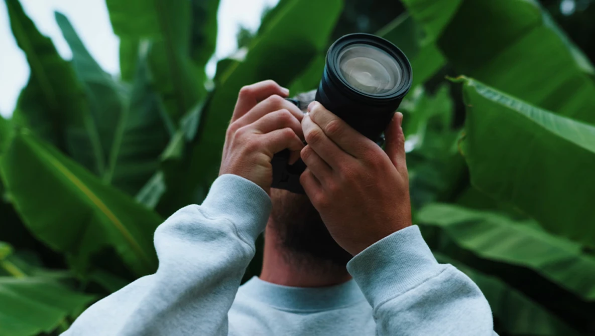Photographer holding a telephoto lens up to frame a shot among large green leaves.