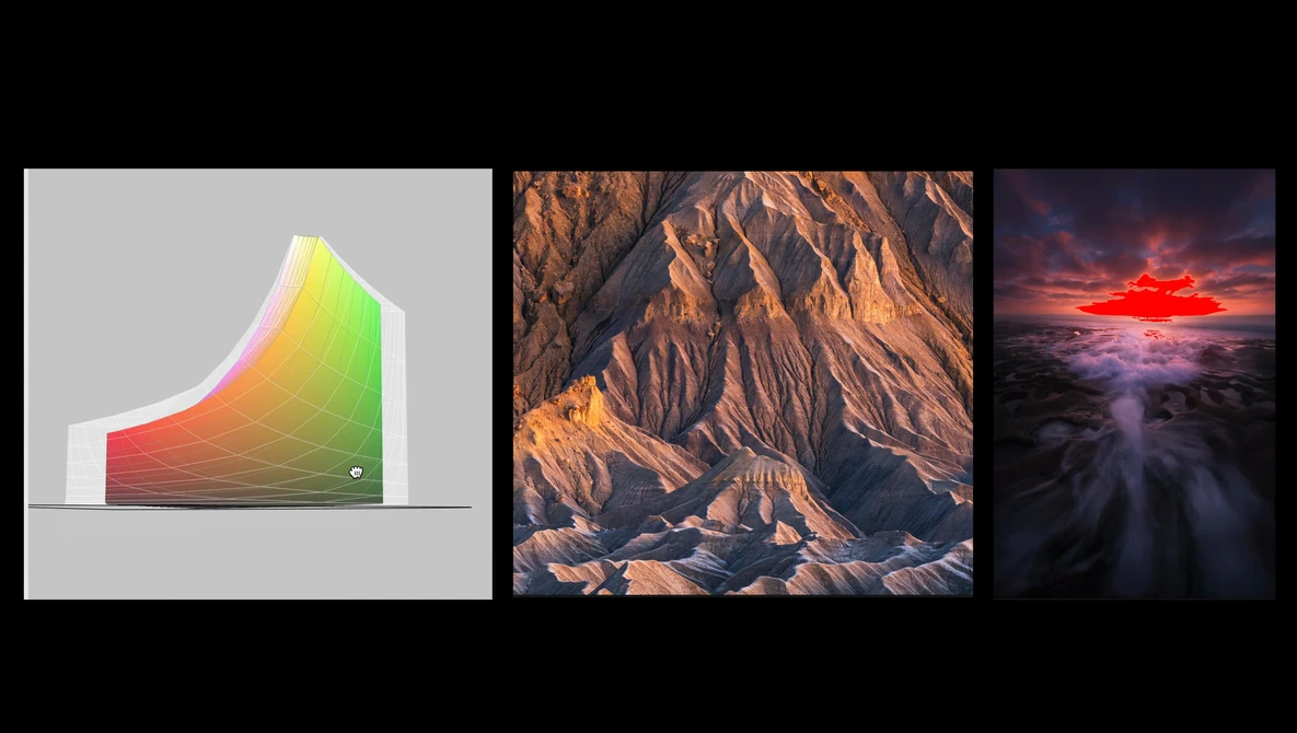 Three landscape photography examples showing color grading, terrain detail, and atmospheric lighting techniques.