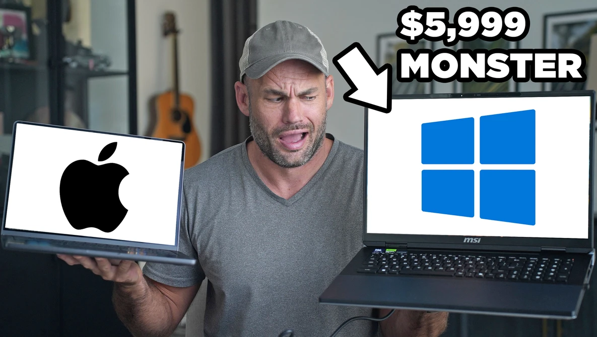 Man holding an Apple laptop and Windows laptop, with text indicating a $5,999 price point.