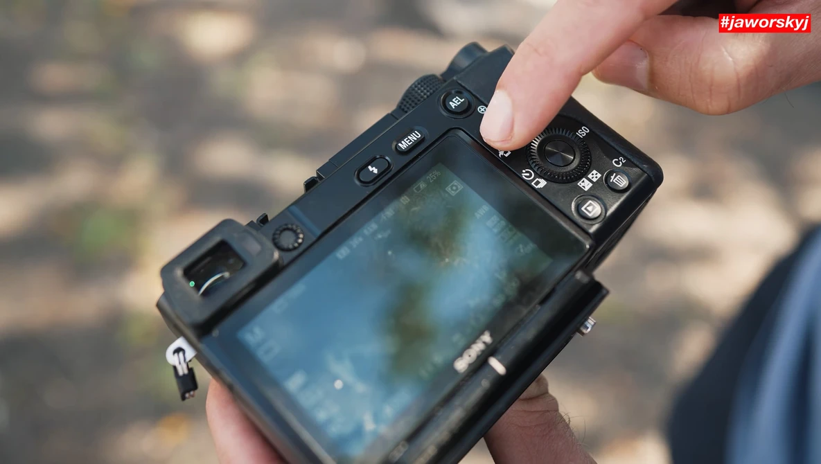 Hands holding a mirrorless camera displaying a blue-tinted live view on its rear LCD screen.