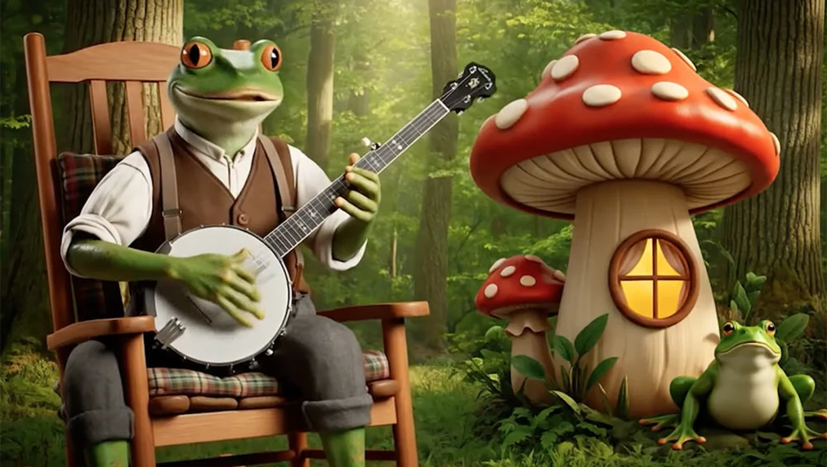 Illustration of an anthropomorphic frog playing banjo while seated in a wooden chair beside a red and white spotted mushroom house.