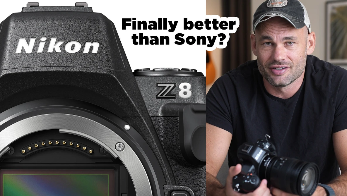 Nikon Z8 camera body displayed next to a person holding a telephoto lens.