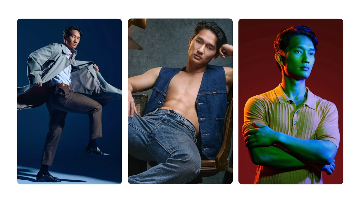Three male portrait photographs with different lighting setups and color grading on solid backgrounds.