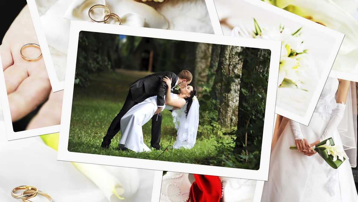 Wedding photographer's portfolio layout with printed photos and gold rings arranged on white surface.