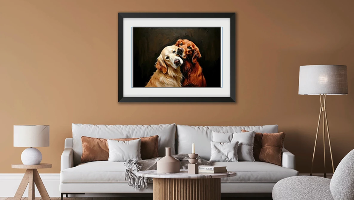 Framed portrait of a brown and white dog looking upward against a dark background.