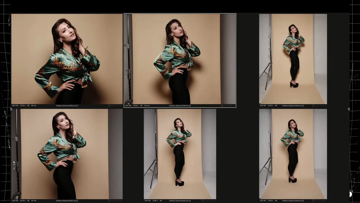 Contact sheet showing six variations of a portrait session with a woman in a patterned teal jacket against a neutral background.