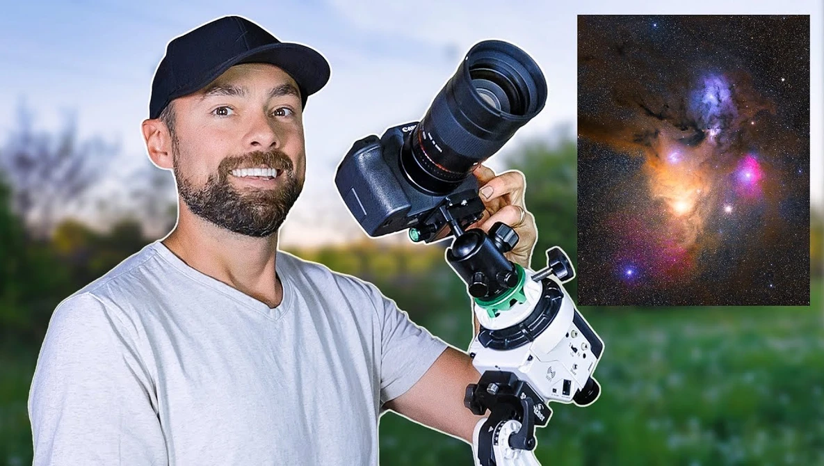 Photographer holding a telescope-mounted camera system outdoors during daytime with a nebula image inset.