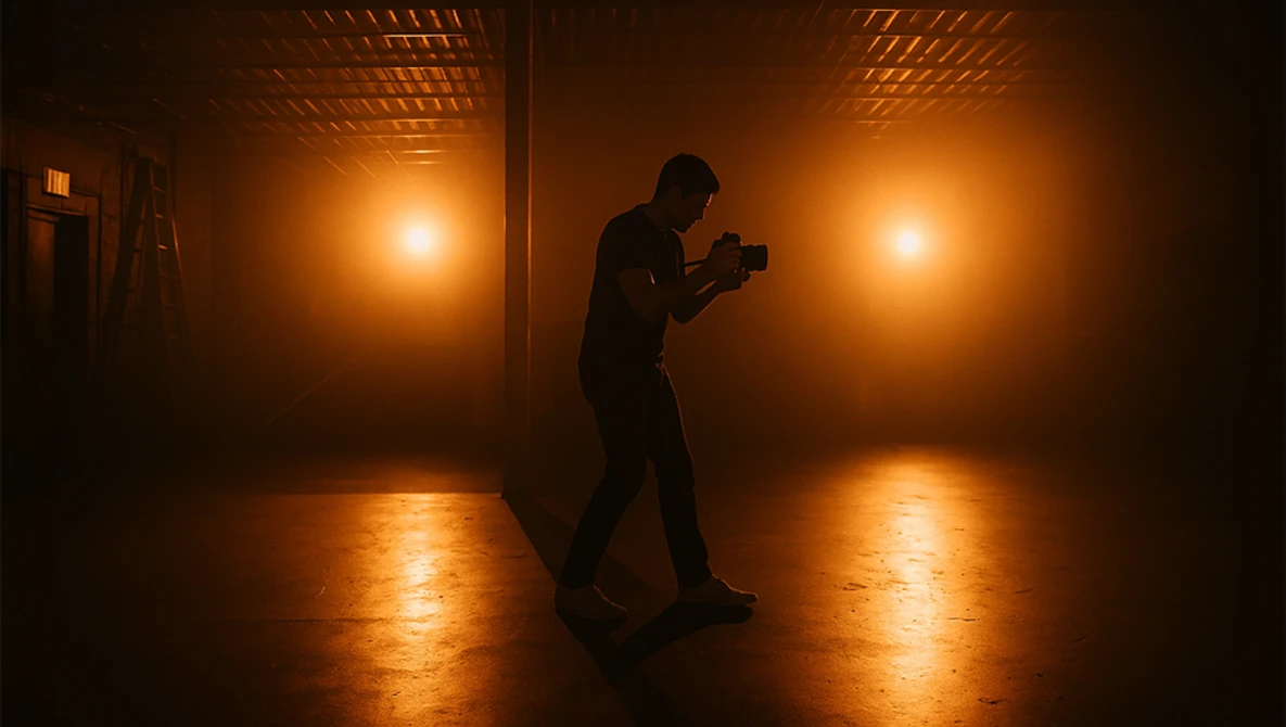 Silhouetted photographer holding camera in studio with warm amber lighting and reflective floor.
