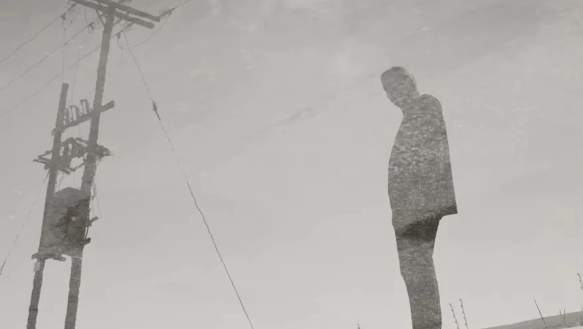 A tall, textured human figure stands against a utility pole in an overcast landscape.