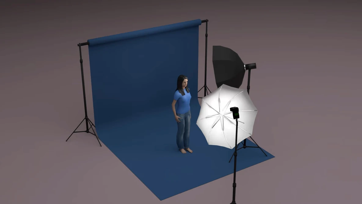 Studio setup diagram showing a model positioned in front of a blue backdrop with professional lighting equipment including umbrellas and reflectors.