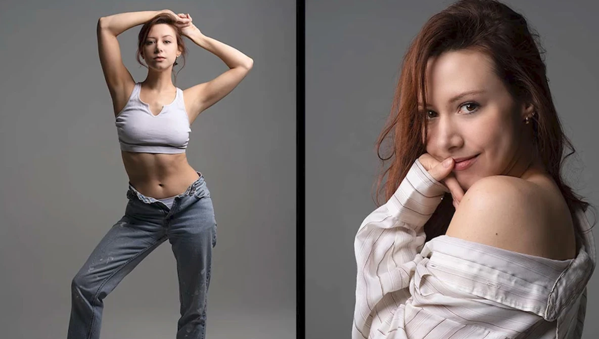Two portrait photographs showing different poses and styling against neutral gray backgrounds.
