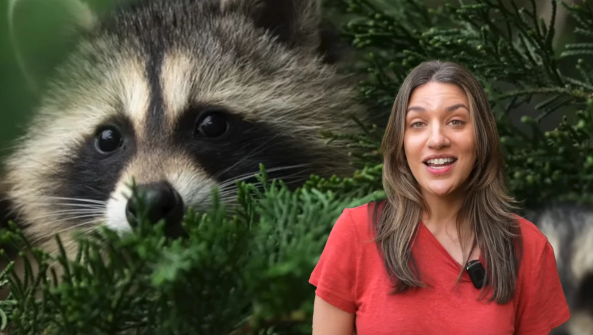 Woman in red shirt smiling beside close-up portrait of a raccoon among green foliage.