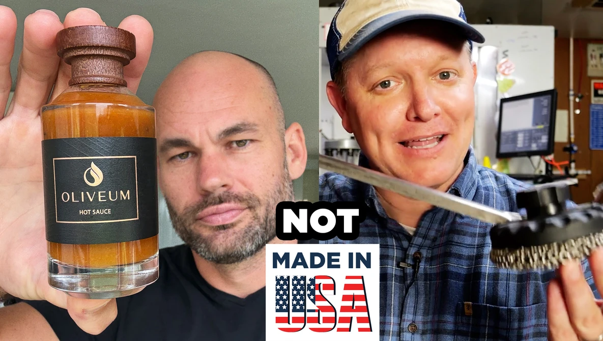 Two men comparing a bottle of Oliveum hot sauce, with text stating it is not made in the USA.