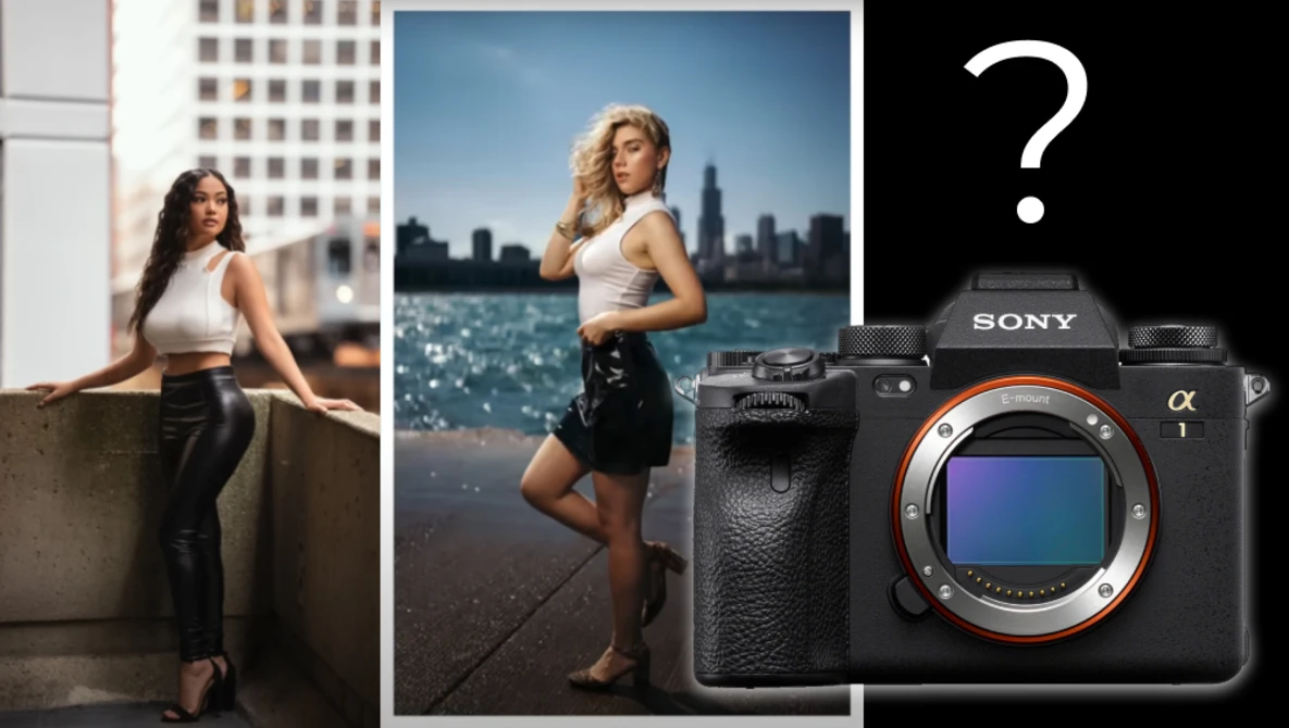 Sony α7 mirrorless camera body displayed next to two portrait photographs of women in urban settings.