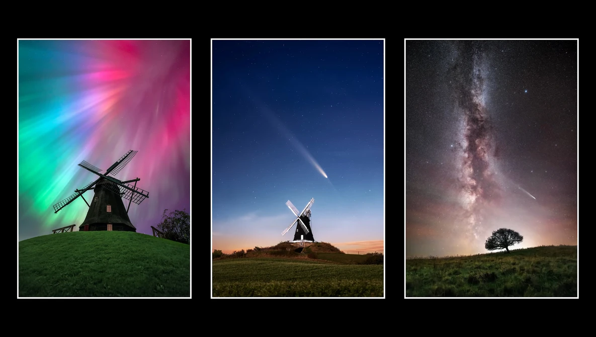 Triptych of traditional windmills photographed under dramatic night skies with celestial phenomena.