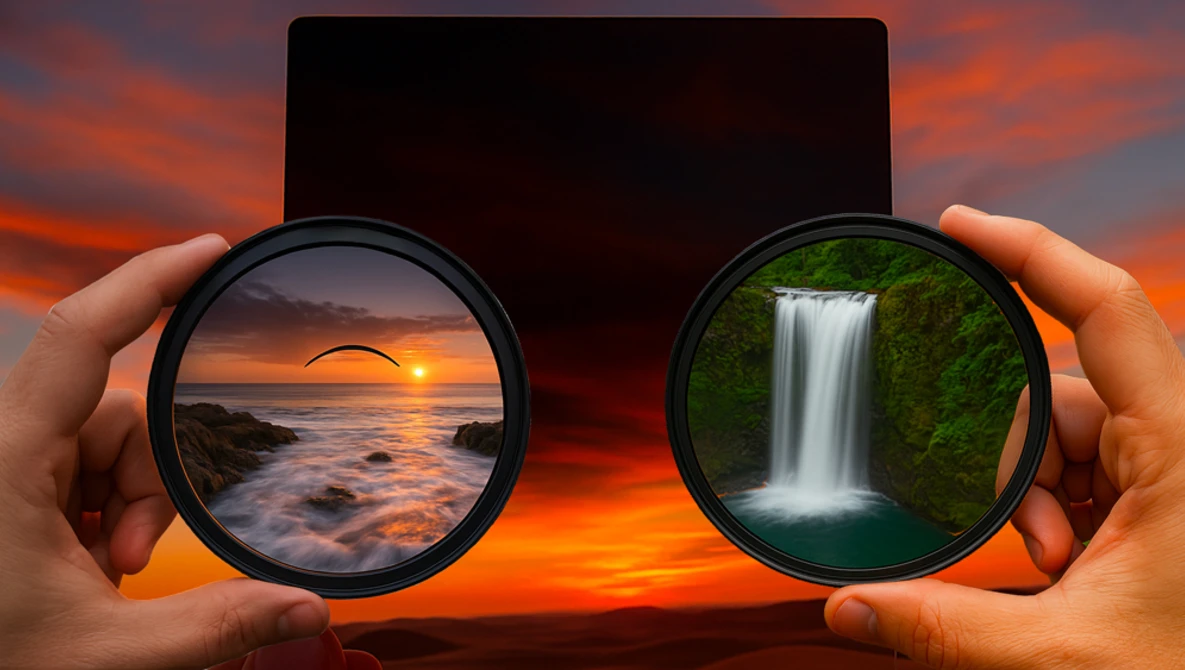 Hands holding two circular optical lenses displaying different landscape scenes against a sunset sky backdrop.