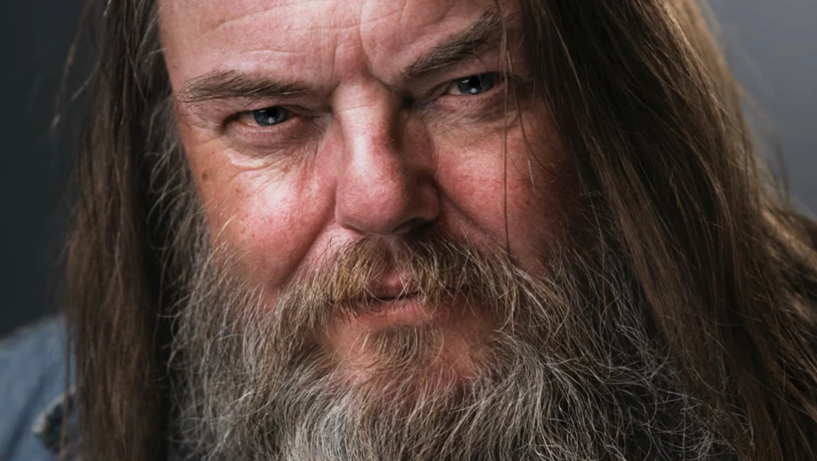 Bearded man with long hair and intense expression in close-up portrait.