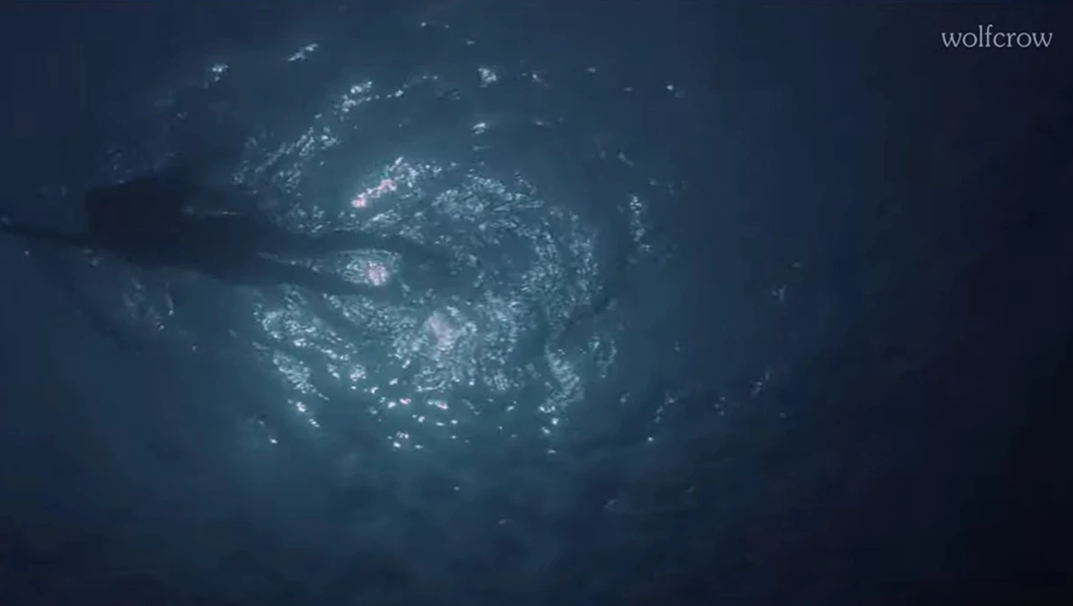 Large shark surrounded by a school of small fish in deep blue ocean water.