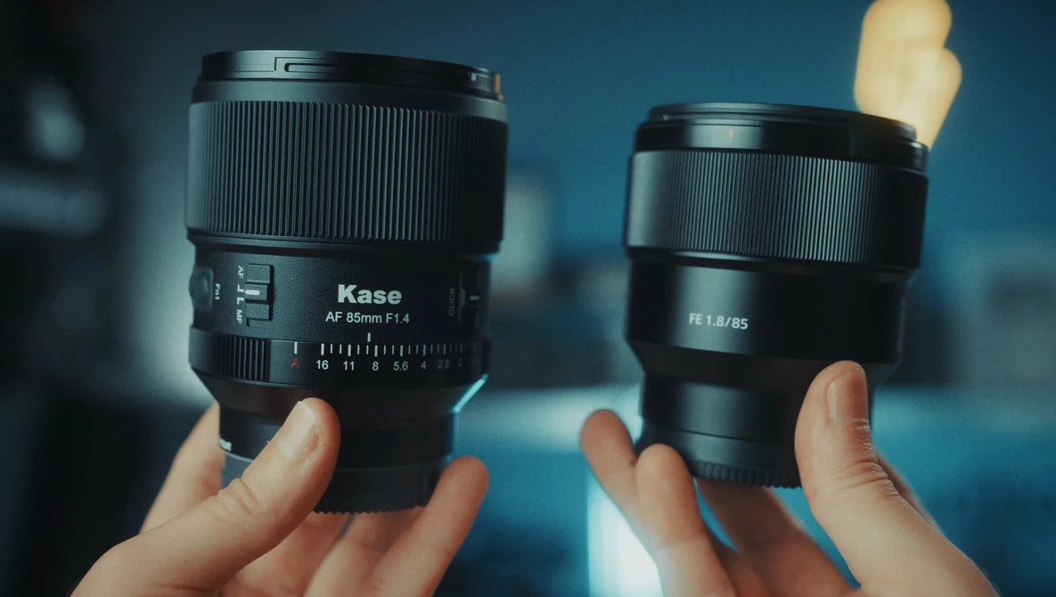 Two camera lenses held in hands against a blue-toned background, showing Kase and Sony branding.