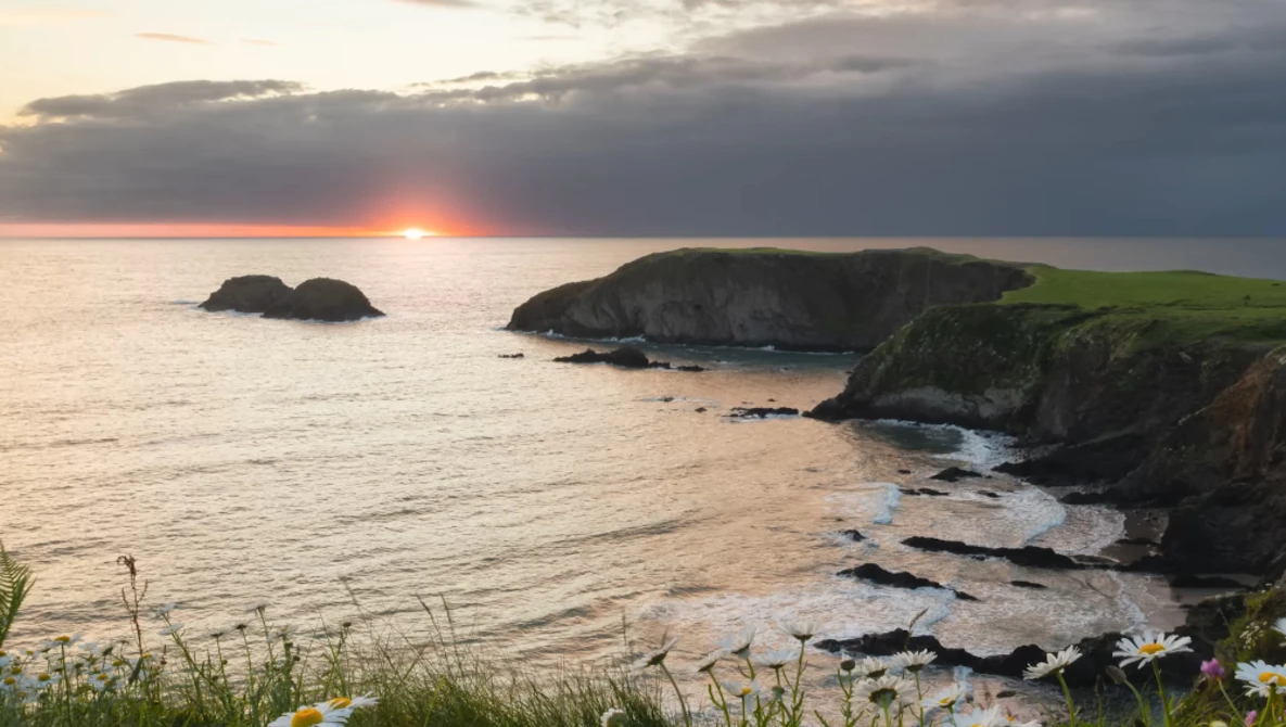 Sunset over a rugged coastal landscape with green cliffs, rocky outcrops, and small islands.