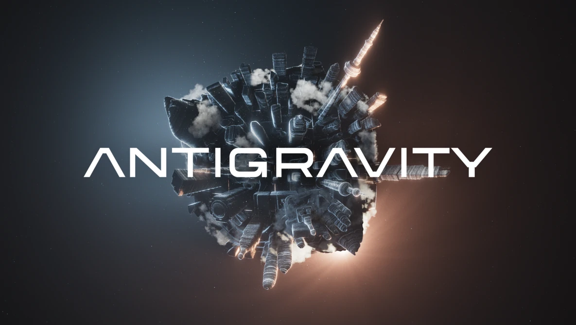 Graphic with the word "ANTIGRAVITY" overlaid on a spherical explosion of buildings and rockets against a dark gradient background.
