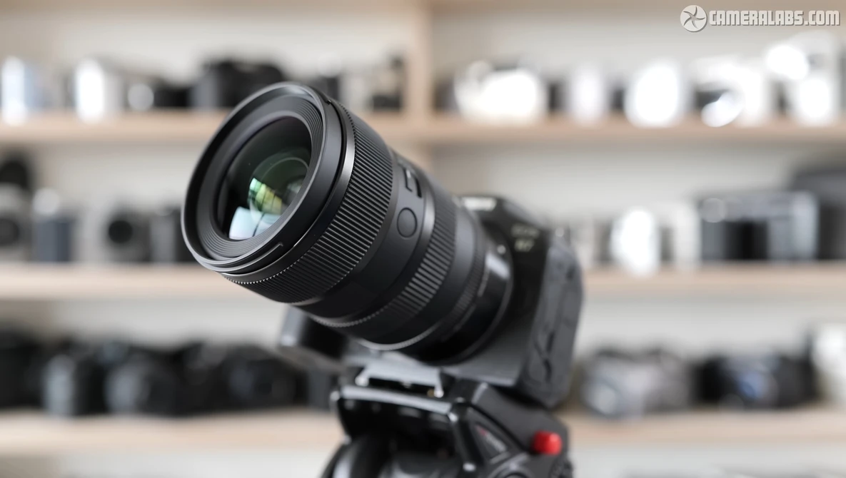 Black zoom lens mounted on camera body positioned on tripod against blurred equipment shelves.